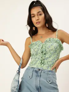 Veni Vidi Vici Green & Blue Ditsy Floral Printed Fitted Frilled Crop Top