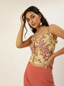 Veni Vidi Vici Yellow & Pink Floral Printed Fitted Frilled Crop Top
