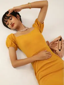 Veni Vidi Vici Enchanting Mustard Yellow Solid Puff Sleeves Bodycon Dress