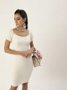 Veni Vidi Vici Pristine White Solid Puff Sleeves Bodycon Dress