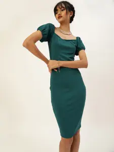 Veni Vidi Vici Vivid Green Solid Puff Sleeves Bodycon Dress