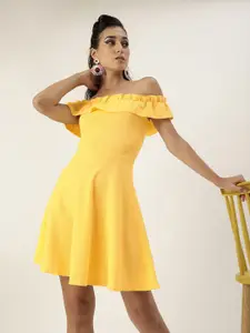 Veni Vidi Vici Yellow Solid Ruffled Off Shoulder Fit and Flare Dress