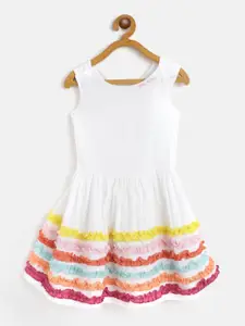 Allen Solly Junior Girls White & Yellow Striped Cotton Fit and Flared Dress