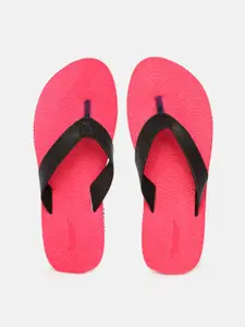 Roadster Women Black & Coral Pink Croc Textured Thong Flip-Flops