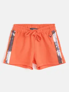 Allen Solly Junior Girls Orange & Silver Sequinned Cotton Regular Fit Shorts