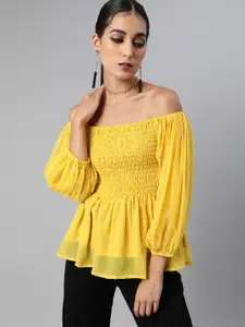 Sera Women Yellow Solid Off-Shoulder Smocked A-Line Top