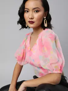 Sera Pink & Multicoloured Floral Printed Puff Sleeves Chiffon Blouson Crop Top