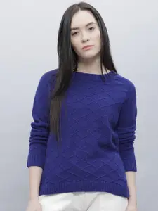 ether Women Blue Self-Design Sweater