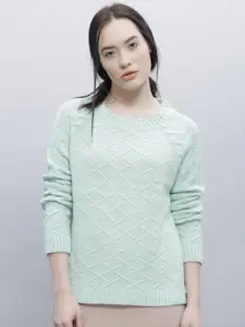 ether Women Mint Green Self-Design Sweater