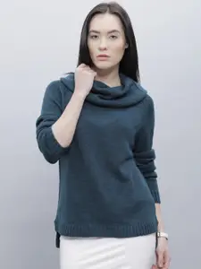 ether Women Teal Blue Self-Design Sweater