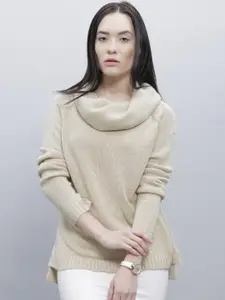 ether Women Beige Self-Design Sweater
