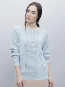 ether Women Blue Self-Design Sweater