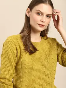 ether Women Mustard Green Self-Design Sweater
