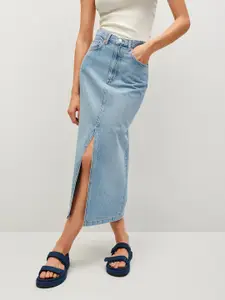 MANGO Sustainable Blue Eco-Wash Front Slit Pure Cotton Denim Straight Skirt
