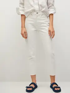 MANGO Women White Mom Fit Mid-Rise Clean Look Pure Cotton Cropped Sustainable Jeans