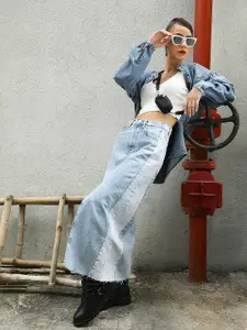 MANGO Sustainable Blue Pure Cotton Colourblocked Eco-Wash Denim Straight Skirt