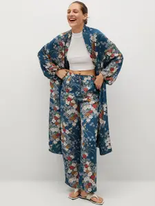 MANGO Women Blue & White Floral Printed Longline Shrug