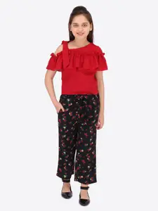 CUTECUMBER Girls Red & Black Solid Top with Palazzos