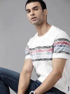 Roadster Men White & Blue Striped Cotton T-shirt