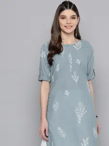 HERE&NOW Women Blue & White Pure Cotton Floral Printed Kurta