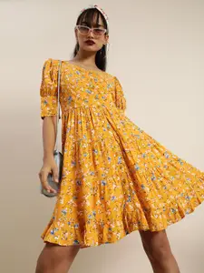 Marie Claire Chic Yellow and White Floral Printed Fit and Flare Dress