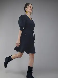 RARE Women Navy Blue Solid A-Line Dress with Pockets and Belt