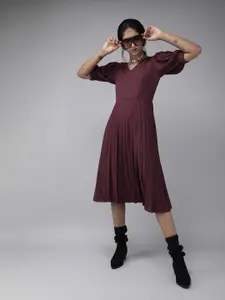 RARE Women Maroon Solid Accordion Pleated Fit and Flare Dress