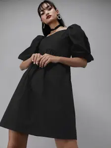 RARE Limitless Black Solid Power Shoulders A-Line Dress