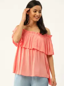 Trend Arrest Peach-Coloured Off-Shoulder Flared Sleeves Layered Bardot Top
