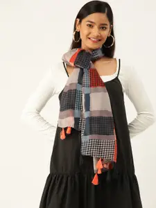 Trend Arrest Women Grey & Rust Orange Cotton Houndstooth Printed Scarf