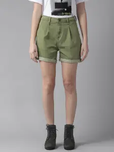 Roadster Women Olive Green Solid Chambray Regular Shorts