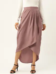 Trend Arrest Women Mauve Solid Pleated Tulip Midi Skirt