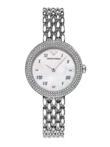 Emporio Armani Women White Embellished Dial & Silver Toned Analogue Watch AR11354