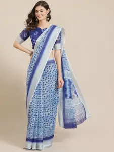 Mitera Blue & White Printed Saree