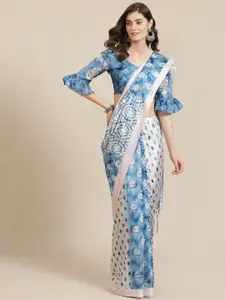 Mitera Blue & White Printed Bagru Saree