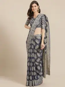 Saree mall Navy Blue & Beige Linen Blend Woven Design Muga Saree