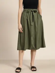 ether Women Olive Green Solid A-Line Skirt & Belt