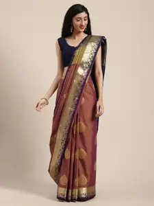 Mitera Beige & Gold-Toned Woven Design Kanjeevaram Saree