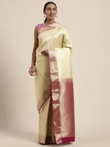 Mitera Cream-Coloured Woven Design Kanjeevaram Saree