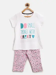 Sweet Dreams Girls White & Pink Typography Print Cotton Night suit