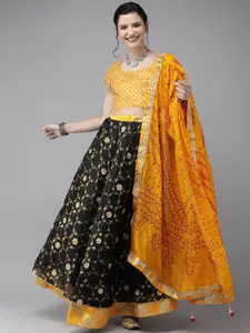 Geroo Jaipur Hand Embroidered Black Kota Silk Sustainable Lehenga With Yellow Bandhani Dupatta