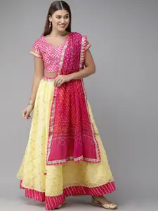 Geroo Jaipur Handcrafted Yellow Stitched Kota Silk  Lehenga With Bandhani Dupatta