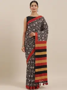 Geroo Jaipur Black & Red Bagru Hand Block Printed Pure Cotton Saree