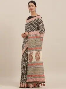 Geroo Jaipur Black & Maroon Bagru Hand Block Printed Pure Cotton Sustainable Saree