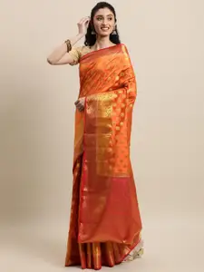 Mitera Orange & Red Woven Design Zari Silk Blend Banarasi Saree
