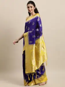 Mitera Blue & Yellow Ethnic Motifs Zari Silk Blend Banarasi Saree