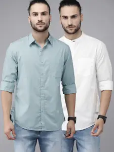 Roadster Men Pack of 2 White & Blue Regular Fit Solid Sustainable Casual Shirt