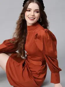 plusS Splendid Rust Orange Solid Power Shoulders A-Line Dress