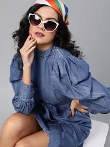 plusS Denim Blue Solid Power Shoulders A-Line Dress