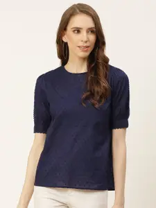 all about you Navy Blue Self Design Dobby Weave Pure Cotton Puff Sleeve Regular Top